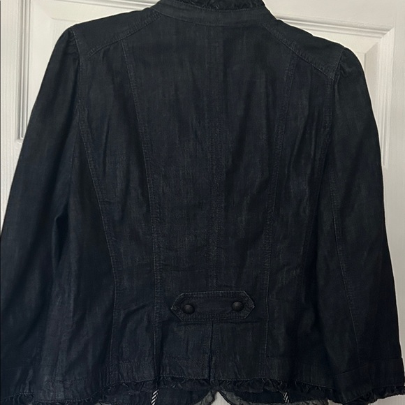 LOFT Dark Indigo  Jean Jacket with Ruffle Trim - Picture 3 of 4